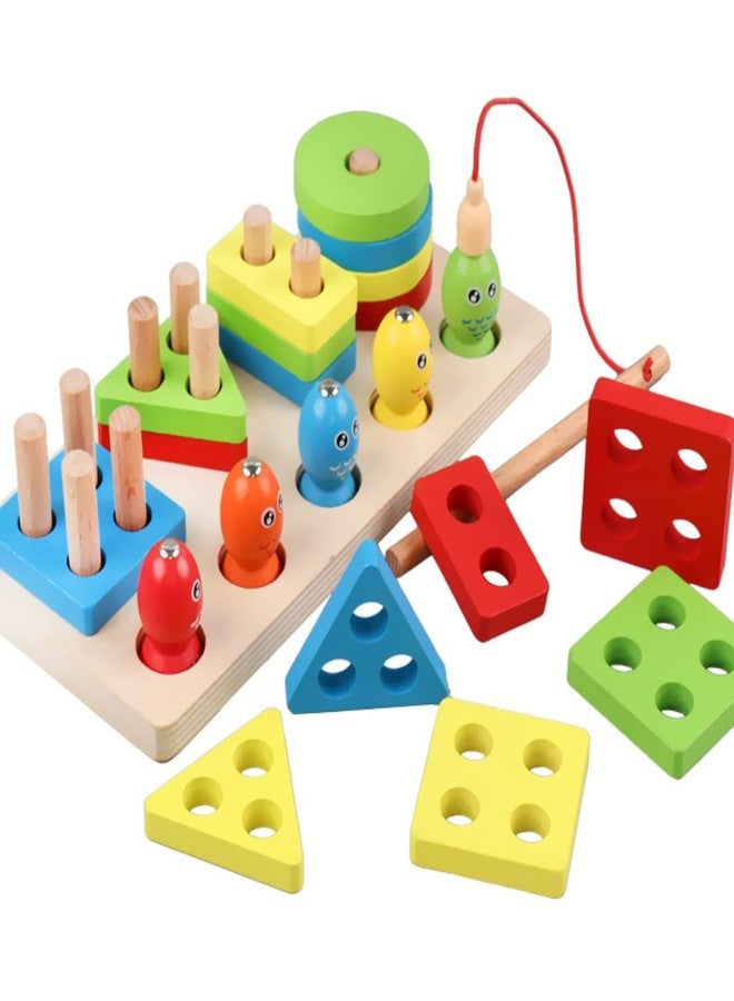 Kidology Kids Montessori Wooden Stacking Toys, Shape Sorting & Toddler Fishing Toys Preschool Learning Colur Recognition Building Blocks Learning Educational Puzzle, Pack of 1 - Image 1